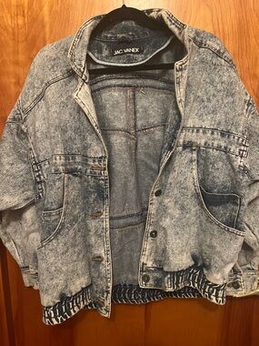 Jac Vanek Acid-Wash Denim Jacket in Blue. Back of jacket Music Is The Answer